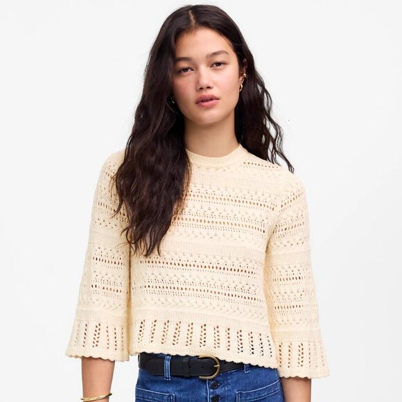 NWT Madewell Cream Crochet Knit Bell Sleeve Scalloped-Trim Sweater Size Small - Picture 1 of 8